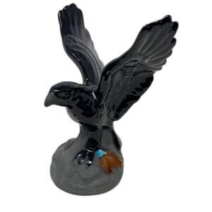 Blue Mountain Pottery Eagle In Flight Statue Black Glaze w/Turquoise Signed